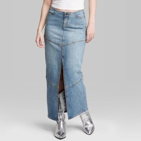 WILD FABLE Mid-Rise Chevron Denim Maxi Skirt Sz 00 Long Blue Jean Slit Skirt NWT - Picture 1 of 12